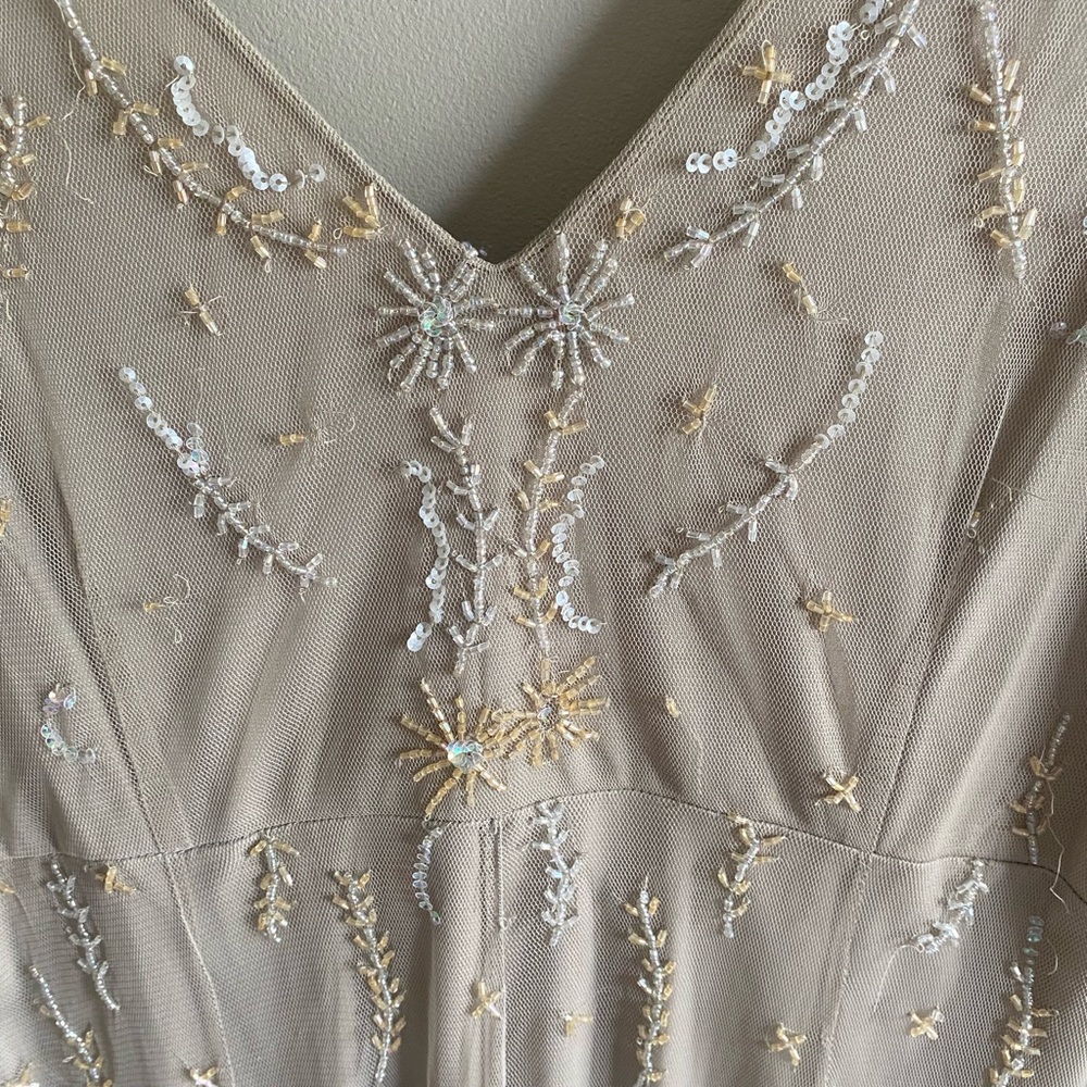 Vtg 90s‎ STENAY Slip Dress L Mesh Taupe Beaded Fairycorre Midi Evening Gown - Picture 8 of 11